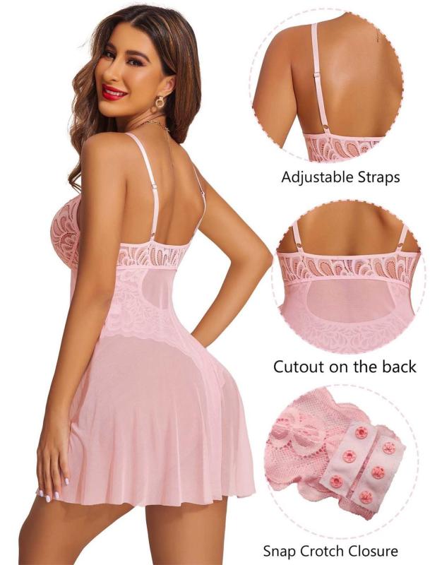 Pink Floral Lace Pattern Straps Hollow Out Sexy Teddies Lingerie