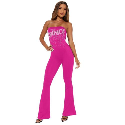 Rose Red Off Shoulder Diamonds Sexy Bodycon Women Jumpsuit Dress