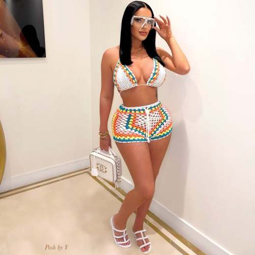 White Women Two Pieces Weaving Nets Sexy Beach Short Sets