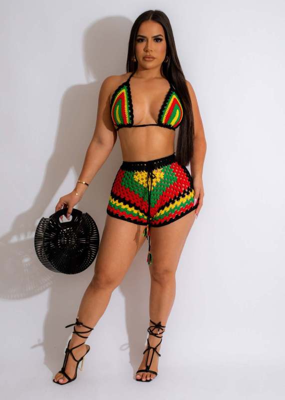 Black Women Two Pieces Weaving Nets Sexy Beach Short Sets