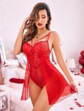 Red Floral Lace Pattern Straps Hollow Out Sexy Teddies Lingerie