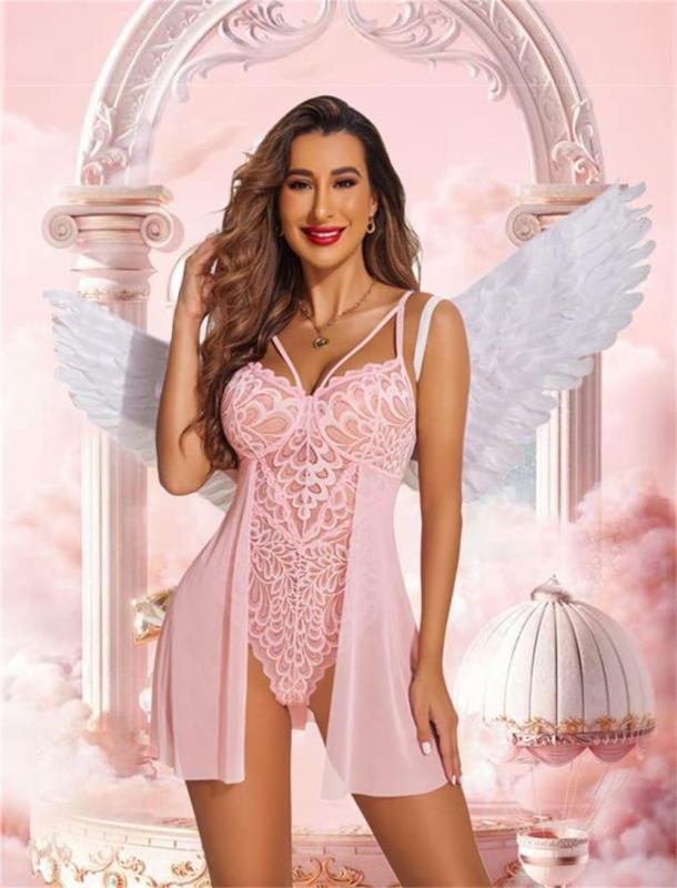 Pink Floral Lace Pattern Straps Hollow Out Sexy Teddies Lingerie