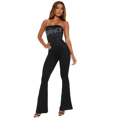 Black Off Shoulder Diamonds Sexy Bodycon Women Jumpsuit Dress