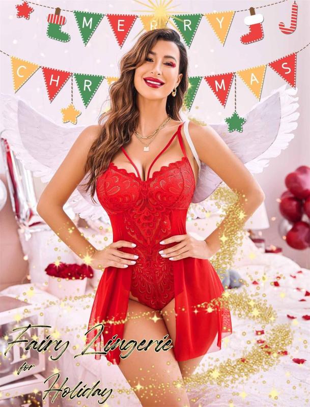 Red Floral Lace Pattern Straps Hollow Out Sexy Teddies Lingerie