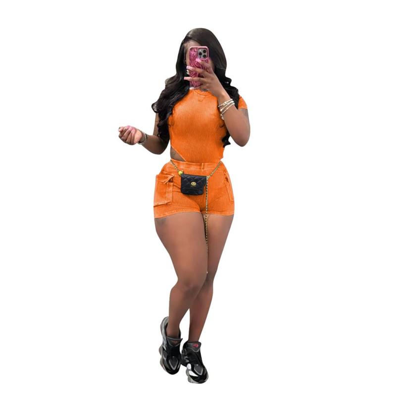 Orange Short Sleeve Striped Rompers Two Pieces Pocket Short Sets