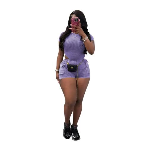 Purple Short Sleeve Striped Rompers Two Pieces Pocket Short Sets