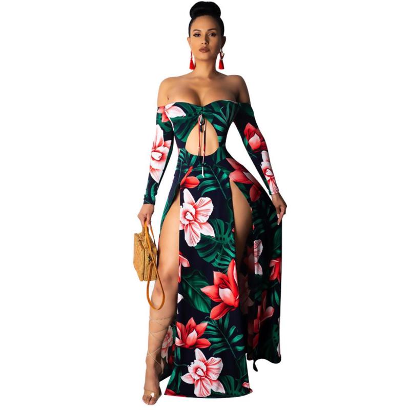 Green Off Shoulder Long Sleeve Cut Out Printed Women Floral Dress