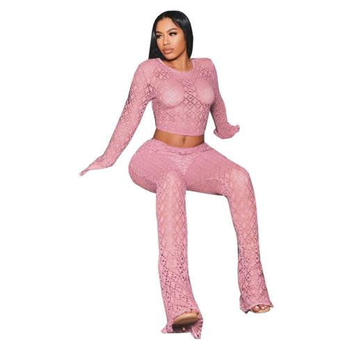 Pink Hollow Out Crop Top Two Pieces Club Party Long Pant Sets