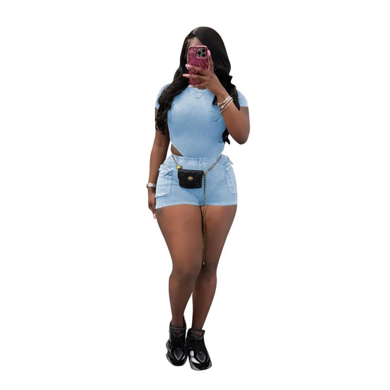 Light Blue Short Sleeve Striped Rompers Two Pieces Pocket Short Sets