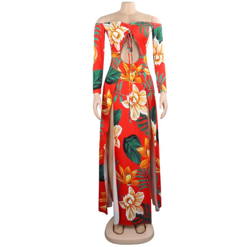 Red Off Shoulder Long Sleeve Cut Out Printed Women Floral Dress