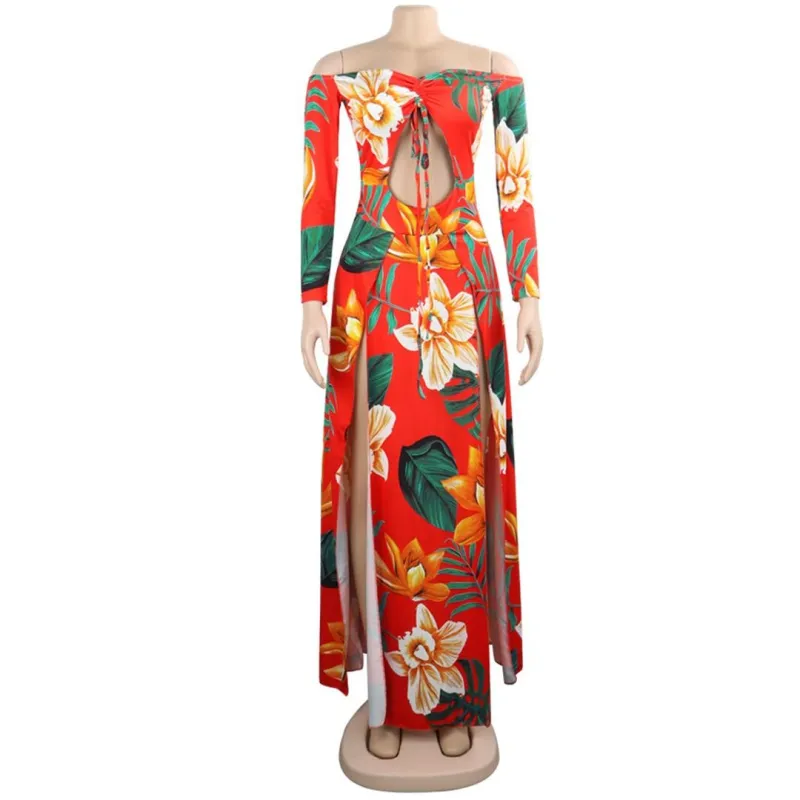 Red Off Shoulder Long Sleeve Cut Out Printed Women Floral Dress
