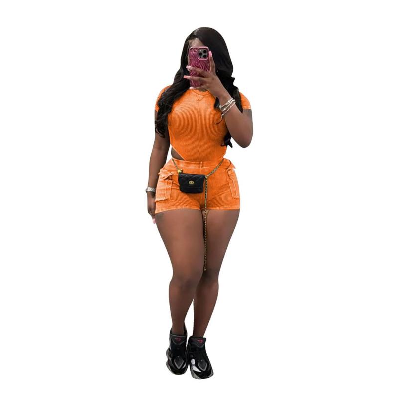 Orange Short Sleeve Striped Rompers Two Pieces Pocket Short Sets