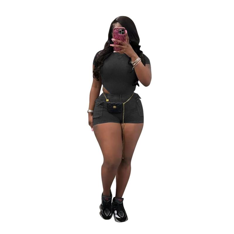 Black Short Sleeve Striped Rompers Two Pieces Pocket Short Sets