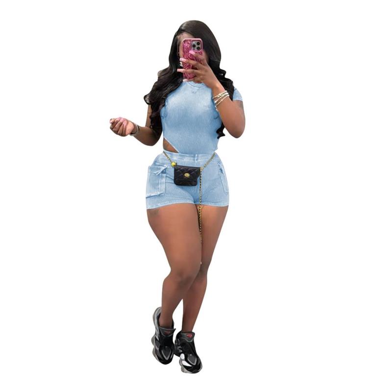 Light Blue Short Sleeve Striped Rompers Two Pieces Pocket Short Sets