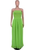 Green Off Shoulder Pleated Waist Mesh Chiffon Wide Leg Women Causal Jumpsuit
