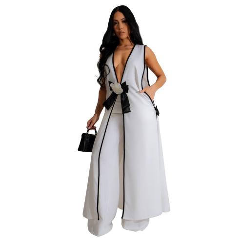 White Sleeveless Deep V Neck Two Pieces Casual Women Pant Set