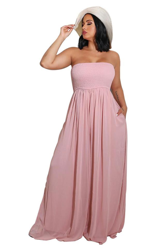 Pink Off Shoulder Pleated Waist Mesh Chiffon Wide Leg Women Causal Jumpsuit