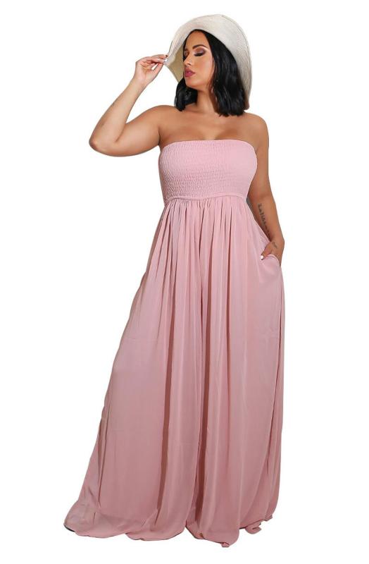 Pink Off Shoulder Pleated Waist Mesh Chiffon Wide Leg Women Causal Jumpsuit