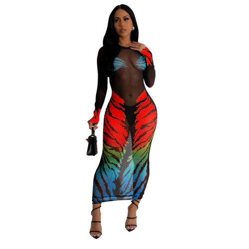 Red Mesh Long Sleeve See Through Printed Bodycon Midi Dress