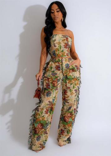 Beige Off Shoulder Printed Two Pieces Tassels Pant Sets Dress