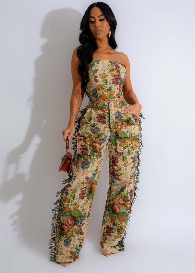 Beige Off Shoulder Printed Two Pieces Tassels Pant Sets Dress