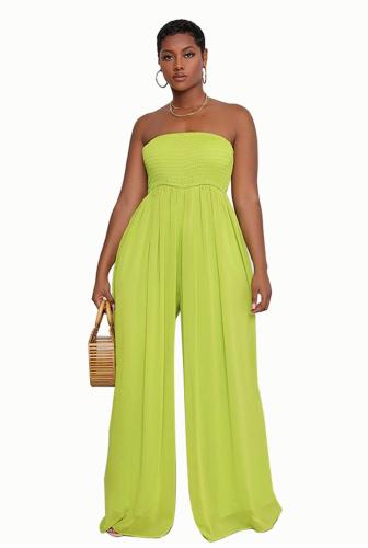 Green Off Shoulder Pleated Waist Mesh Chiffon Wide Leg Women Causal Jumpsuit
