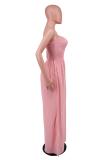 Pink Off Shoulder Pleated Waist Mesh Chiffon Wide Leg Women Causal Jumpsuit