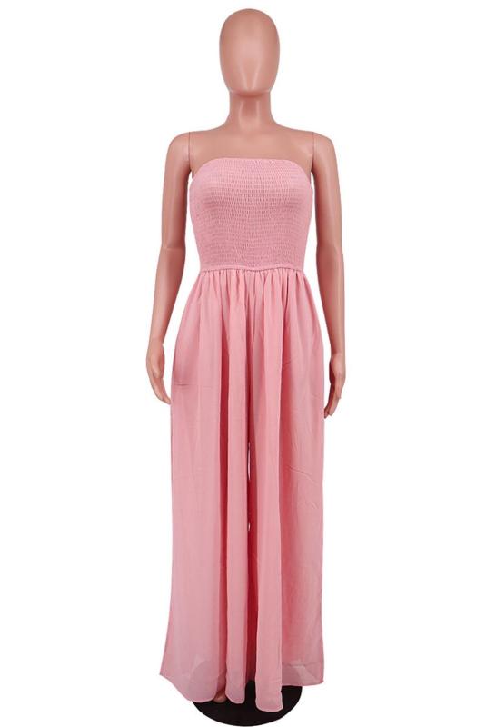 Pink Off Shoulder Pleated Waist Mesh Chiffon Wide Leg Women Causal Jumpsuit