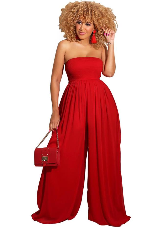 Red Off Shoulder Pleated Waist Mesh Chiffon Wide Leg Women Causal Jumpsuit