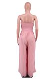 Pink Off Shoulder Pleated Waist Mesh Chiffon Wide Leg Women Causal Jumpsuit