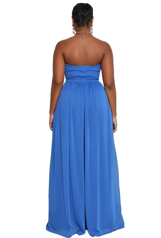 Blue Off Shoulder Pleated Waist Mesh Chiffon Wide Leg Women Causal Jumpsuit