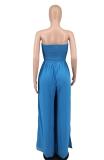 Blue Off Shoulder Pleated Waist Mesh Chiffon Wide Leg Women Causal Jumpsuit
