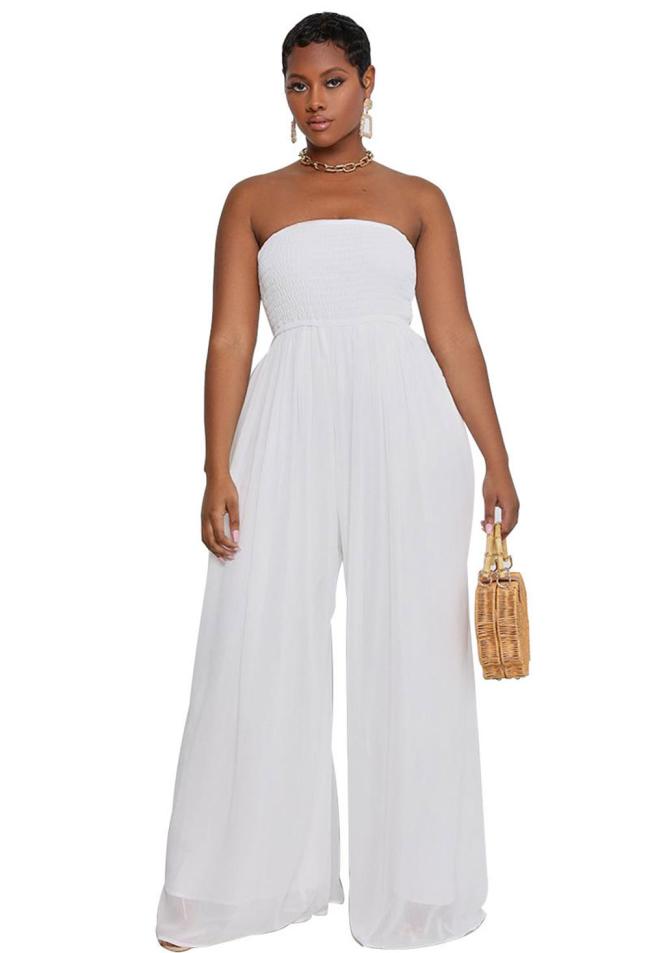 White Off Shoulder Pleated Waist Mesh Chiffon Wide Leg Women Causal Jumpsuit