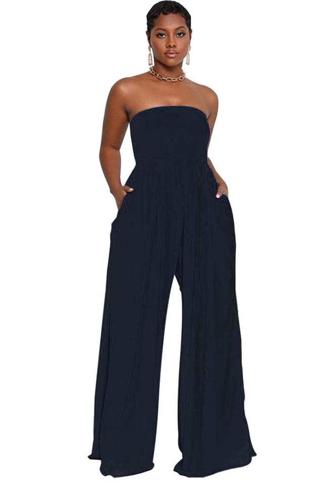Black Off Shoulder Pleated Waist Mesh Chiffon Wide Leg Women Causal Jumpsuit