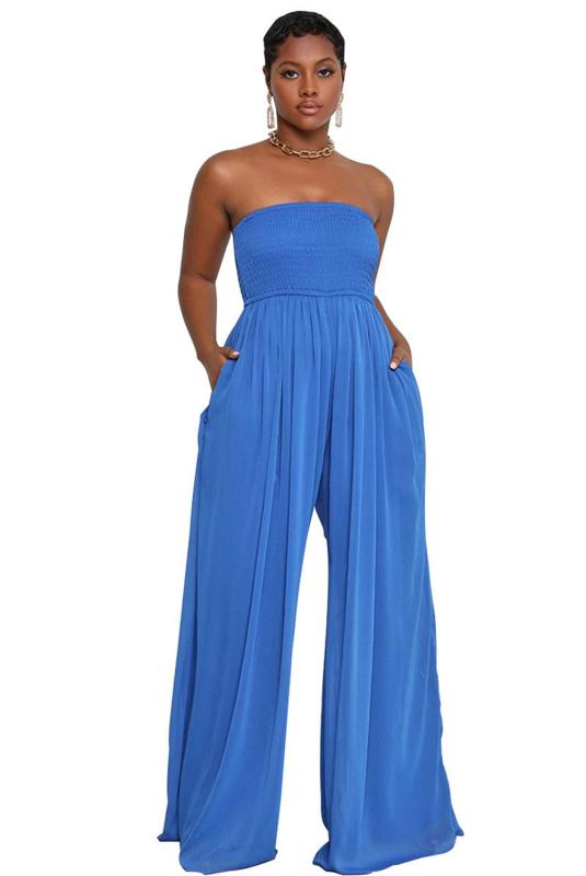 Blue Off Shoulder Pleated Waist Mesh Chiffon Wide Leg Women Causal Jumpsuit
