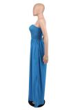 Blue Off Shoulder Pleated Waist Mesh Chiffon Wide Leg Women Causal Jumpsuit