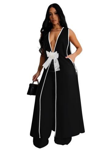 Black Sleeveless Deep V Neck Two Pieces Casual Women Pant Set