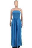 Blue Off Shoulder Pleated Waist Mesh Chiffon Wide Leg Women Causal Jumpsuit