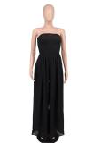 Black Off Shoulder Pleated Waist Mesh Chiffon Wide Leg Women Causal Jumpsuit