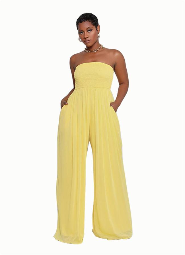 Yellow Off Shoulder Pleated Waist Mesh Chiffon Wide Leg Women Causal Jumpsuit
