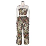 Beige Off Shoulder Printed Two Pieces Tassels Pant Sets Dress