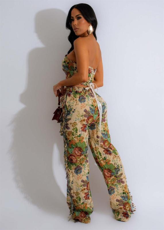 Beige Off Shoulder Printed Two Pieces Tassels Pant Sets Dress