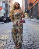 Beige Off Shoulder Printed Two Pieces Tassels Pant Sets Dress