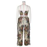 Beige Off Shoulder Printed Two Pieces Tassels Pant Sets Dress