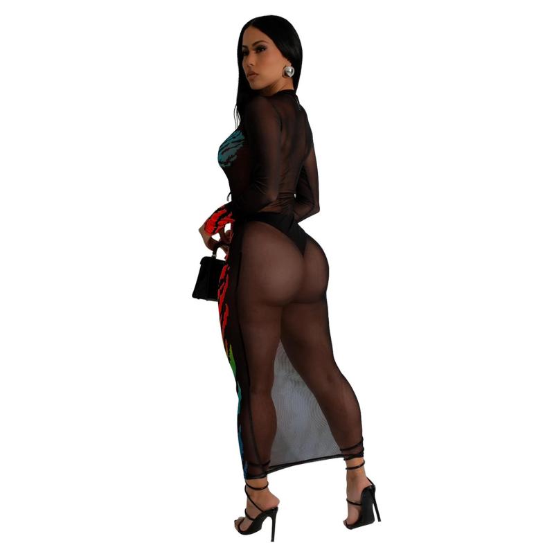 Red Mesh Long Sleeve See Through Printed Bodycon Midi Dress