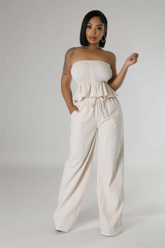 Beige Off Shoulder Pleated Two Pieces Women Casual Pant Sets Dress