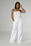 White Off Shoulder Pleated Two Pieces Women Casual Pant Sets Dress