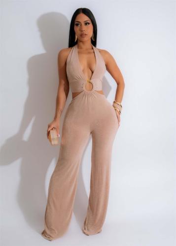 Khaki Deep V Neck Halter Sexy Women Jumpsuit