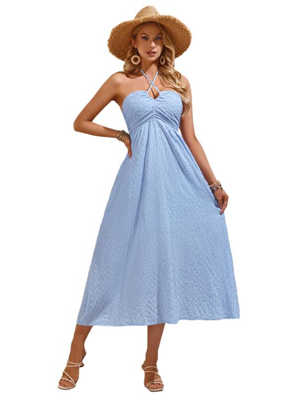 Sky Blue Off Shoulder Low Cut Hollow Out Summer Straps Hot Girl Skirt Dress