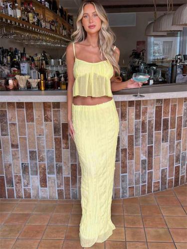 Yellow Straps Low Cut Chiffon Crop Top Sexy Pleated Casual Midi Skirt Dress Sets